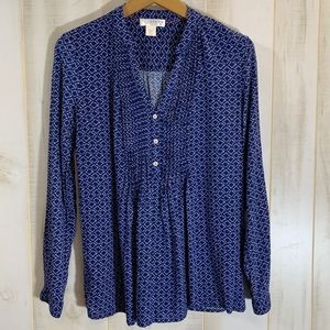 Kenar Blue White Graphic Print Blouse S Pleated